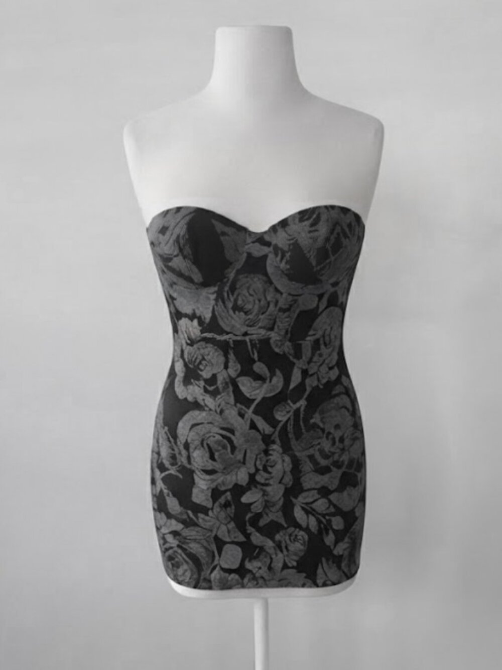 Vintage 90s Y2K Wet Seal Black Gray Gothic Rose Jacquard Tube Dress XS/S